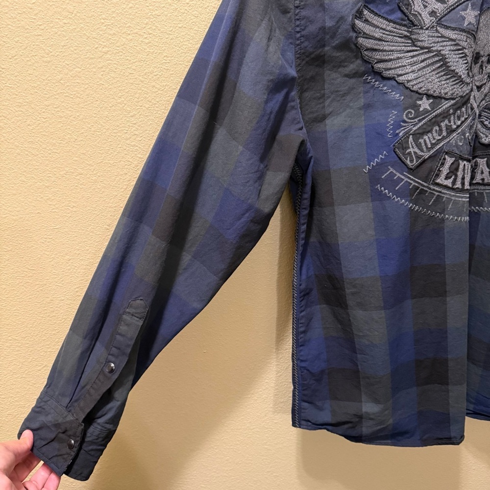 Men’s 2XL Affliction for Buckle Navy Blue Black Premium Embroidered Flannel - Picture 13 of 16